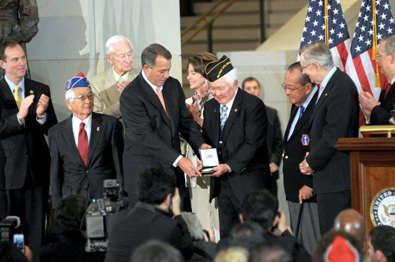 WASHINGTON, D.C., November 2, 2011: House Speaker John Boehner presents the Congressional Gold Medal to MIS veteran Grant Ichikawa during a ceremony at the Capitol.