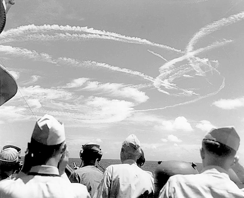 Contrails mark the sky over the Philippine Sea during the lopsided victory that became known as the “Great Marianas Turkey Shoot.” 